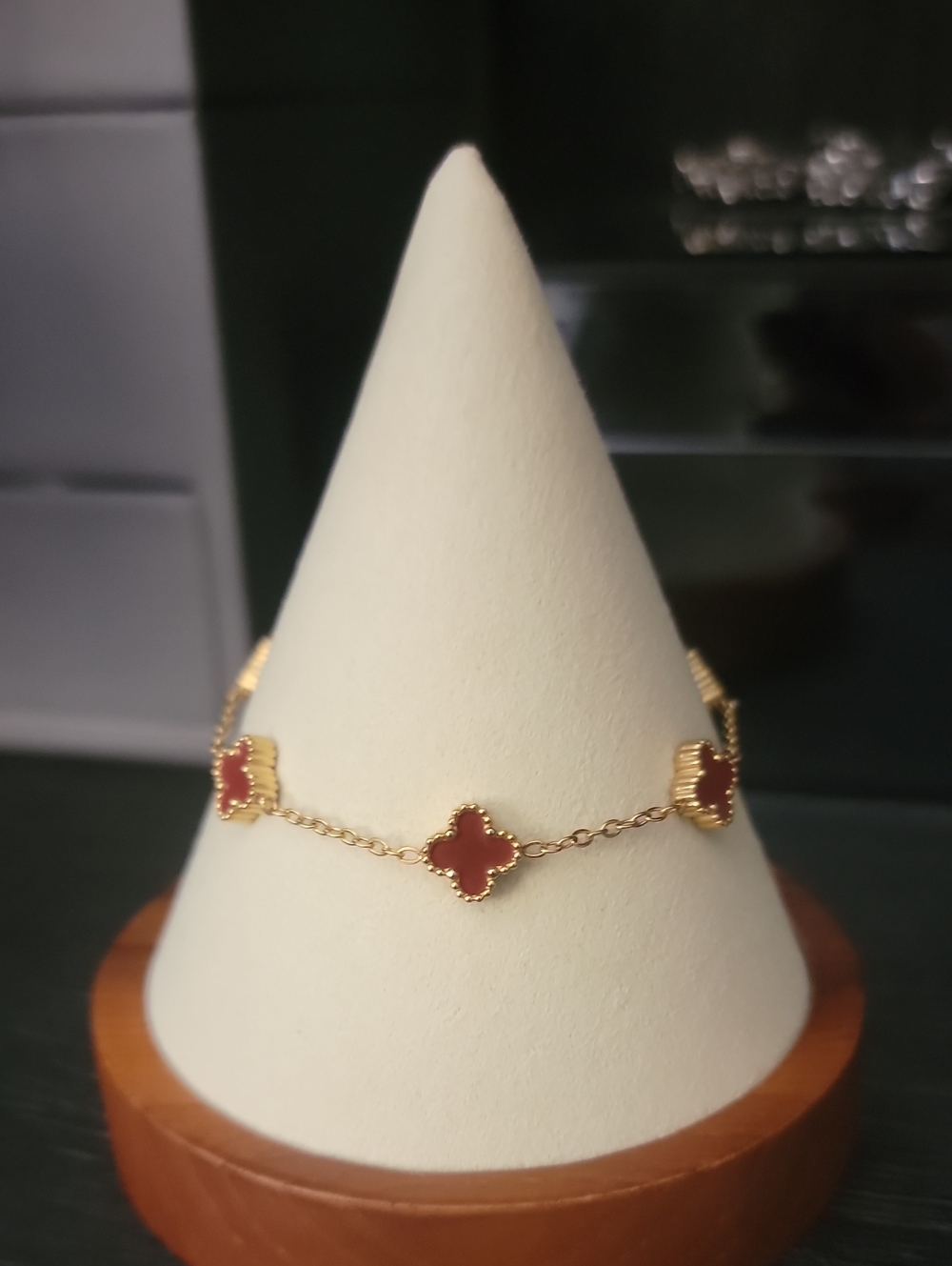 Gold Chain Bracelet with Mini Red Clover Motifs